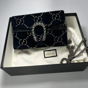 Gucci Velvet GG Monogram Super Mini Dionysus Shoulder Bag Black and Blue
